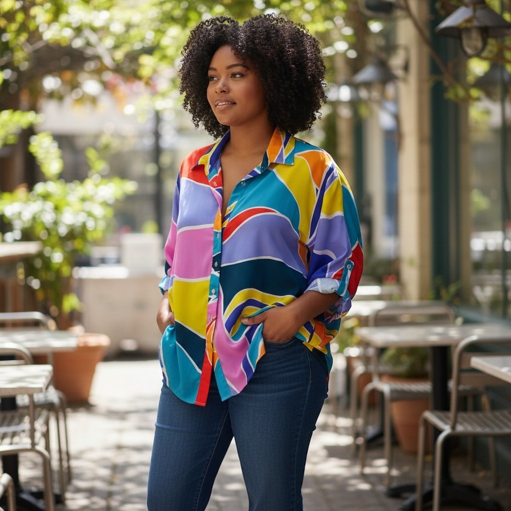 Adrienne Abstract Print Oversized Shirt Art Deco Geometric‎ Top / #26761